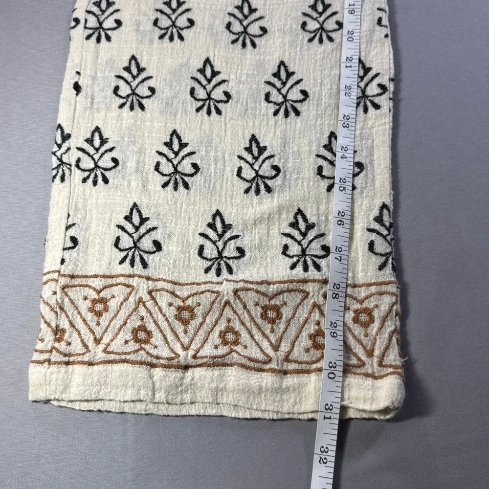 ZARA Women L Cotton Blend Wide Leg Boho Pants Embroidered Floral Cream Black L